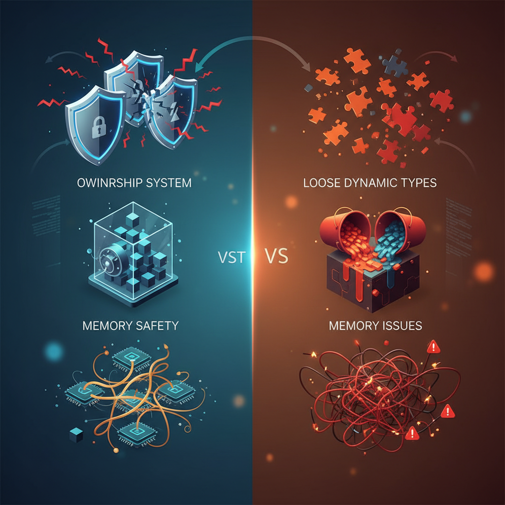 Rust의 타입 안전성, 메모리 안전성, 동시성 제어와 JavaScript/TypeScript 비교 다이어그램