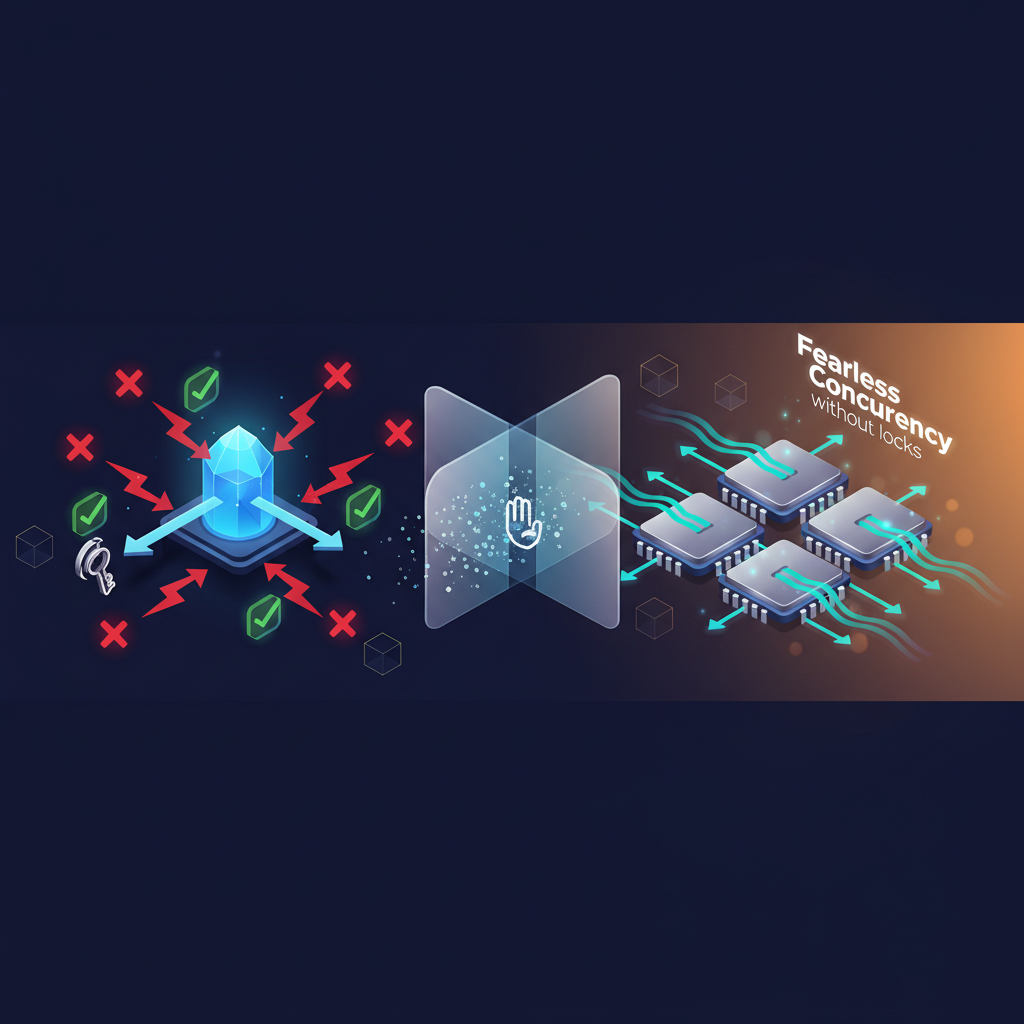 Rust 소유권 시스템의 컴파일 타임 데이터 경합 차단과 멀티코어 동시성 모델 다이어그램