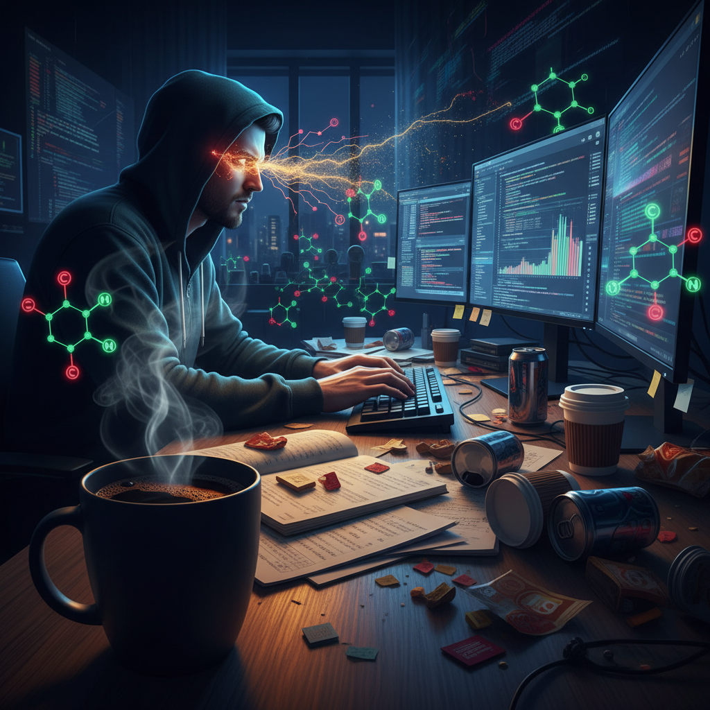 대표 이미지: 개발자가 커피를 마시며 코딩하는 장면과 카페인 분자 구조를 결합한 전체 주제 상징