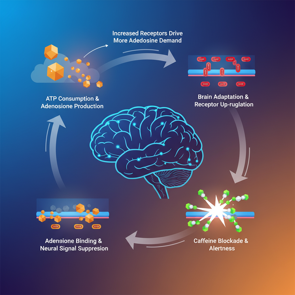 내성과 금단 순환 그래프: 아데노신 수용체 증가와 피로 신호 증폭
