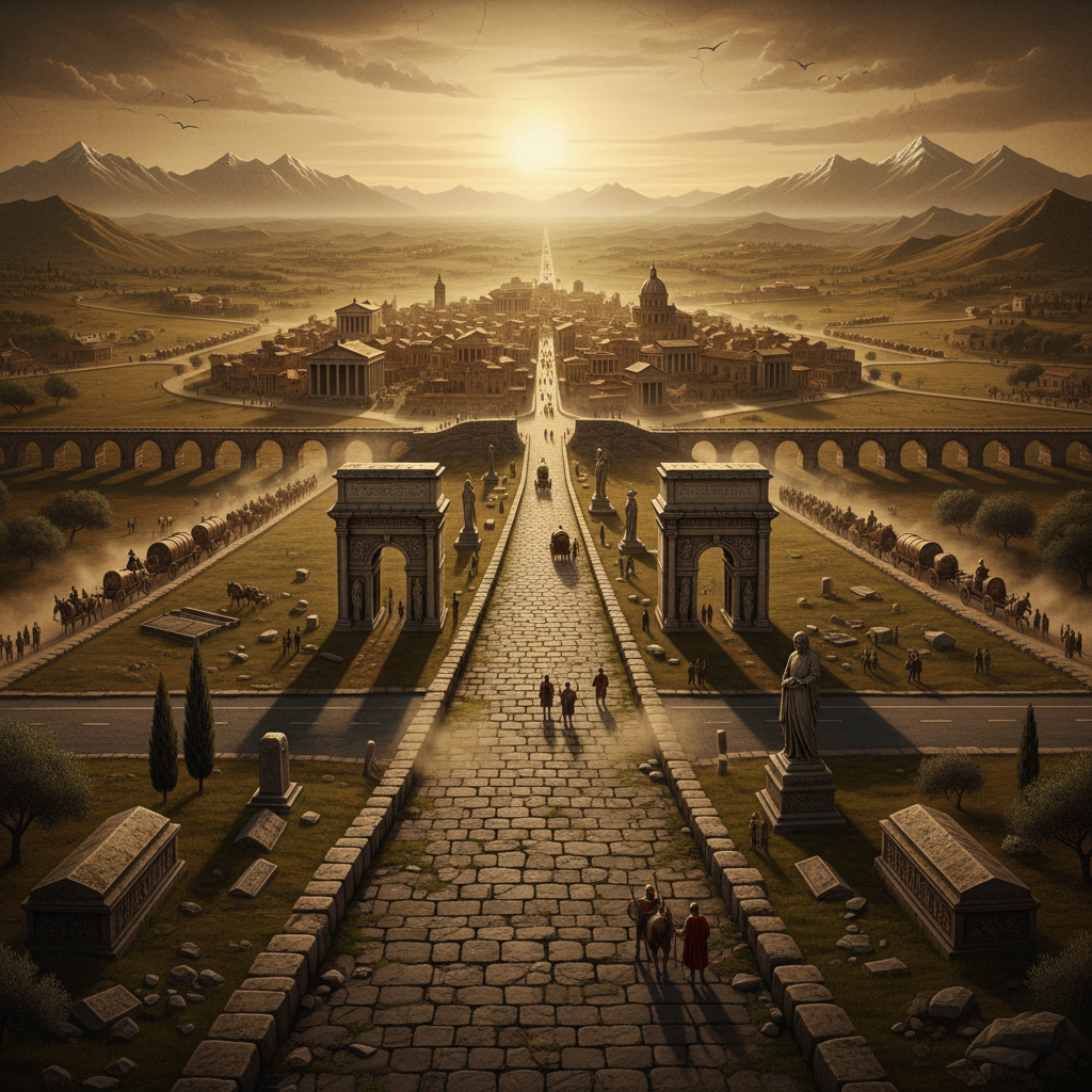 대표 이미지: 로마 도로망의 방사형 구조와 아피아 가도를 중심으로 한 제국 통합을 상징하는 지도