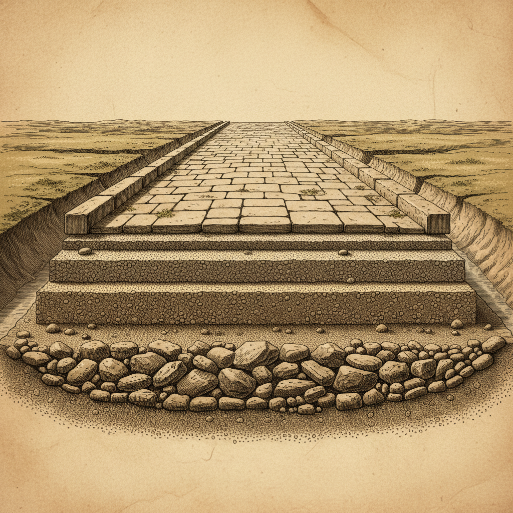 로마 도로의 4~5개 층 구조와 배수·하중 분산 설계를 보여주는 단면도