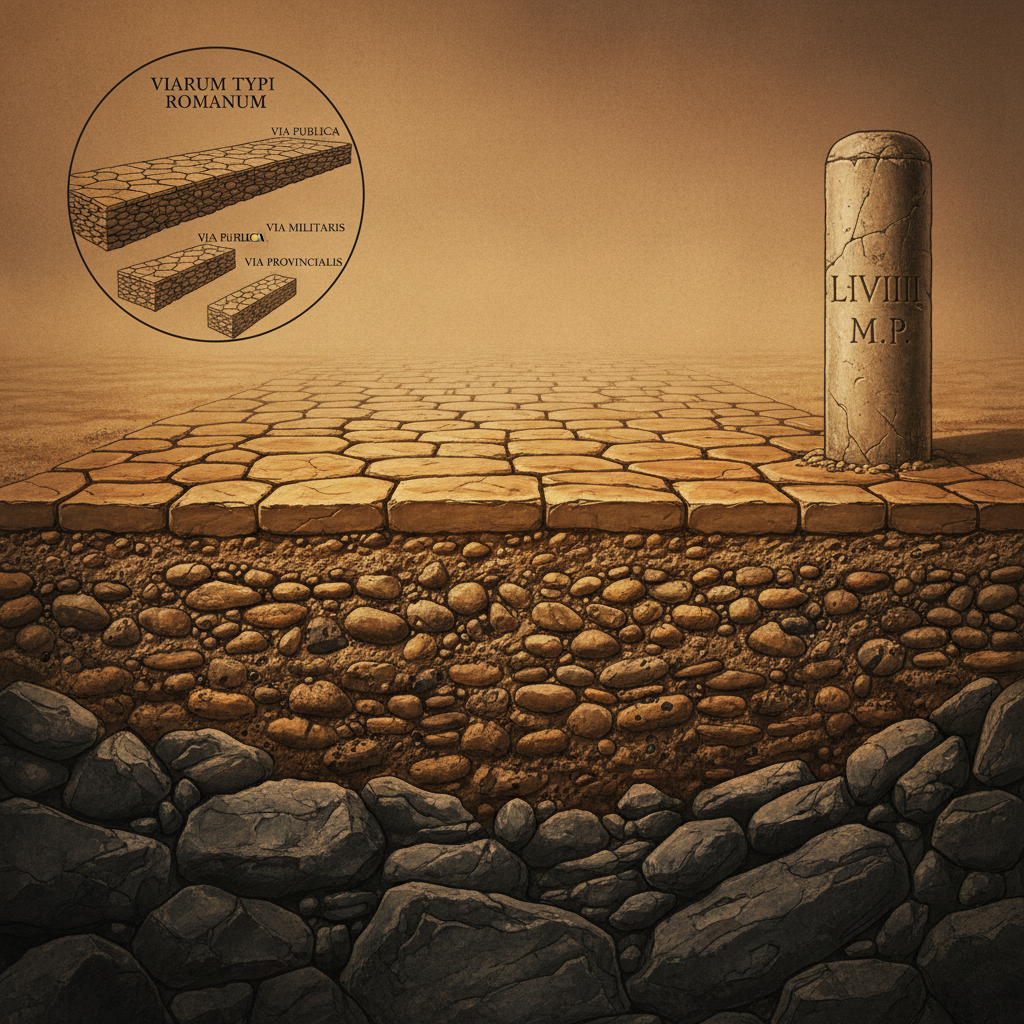 도로 계층 구조와 주요 간선(아피아 가도, 플라미니아 가도)의 표준화된 설계 비교