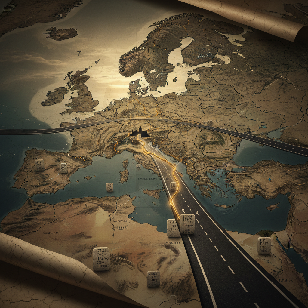 로마 도로와 현대 고속도로(아우토반, 오토루트)의 노선 중첩을 보여주는 비교 지도