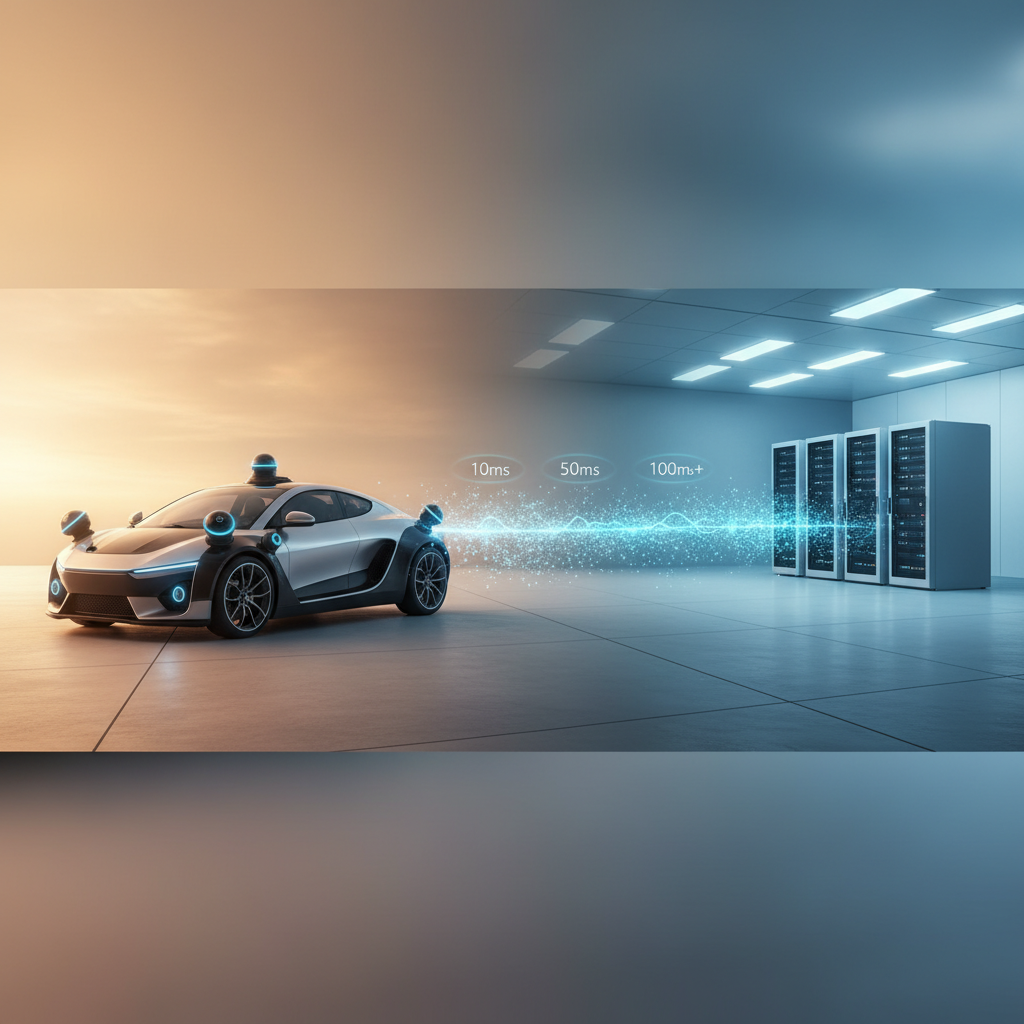 자율주행 차량 예시 이미지: 센서 데이터 클라우드 전송 지연 과정 시각화