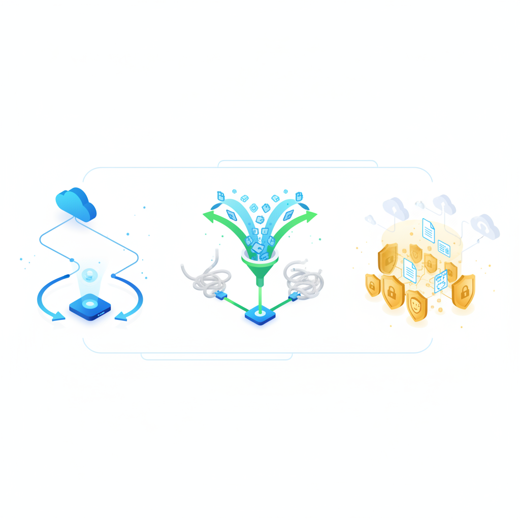 엣지 AI 추론 가치 이미지: 지연 최소화, 대역폭 절감, 프라이버시 강화 비교 차트