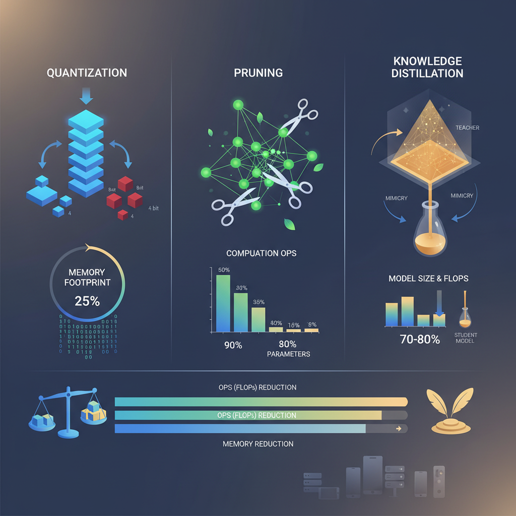 모델 경량화 기술 이미지: 양자화, 프루닝, 지식 증류 기법 비교