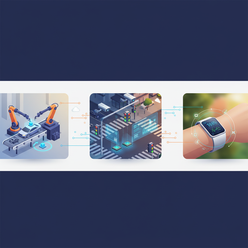 적용 사례 이미지: 제조, 스마트 시티, 헬스케어 엣지 AI 실시간 처리 흐름