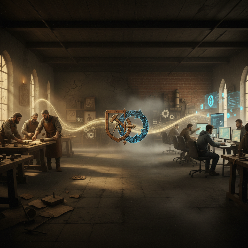 대표 이미지: 중세 길드의 장인들과 현대 오픈소스 개발자들이 연결된 타임라인을 보여주는 협업 문화 진화 다이어그램