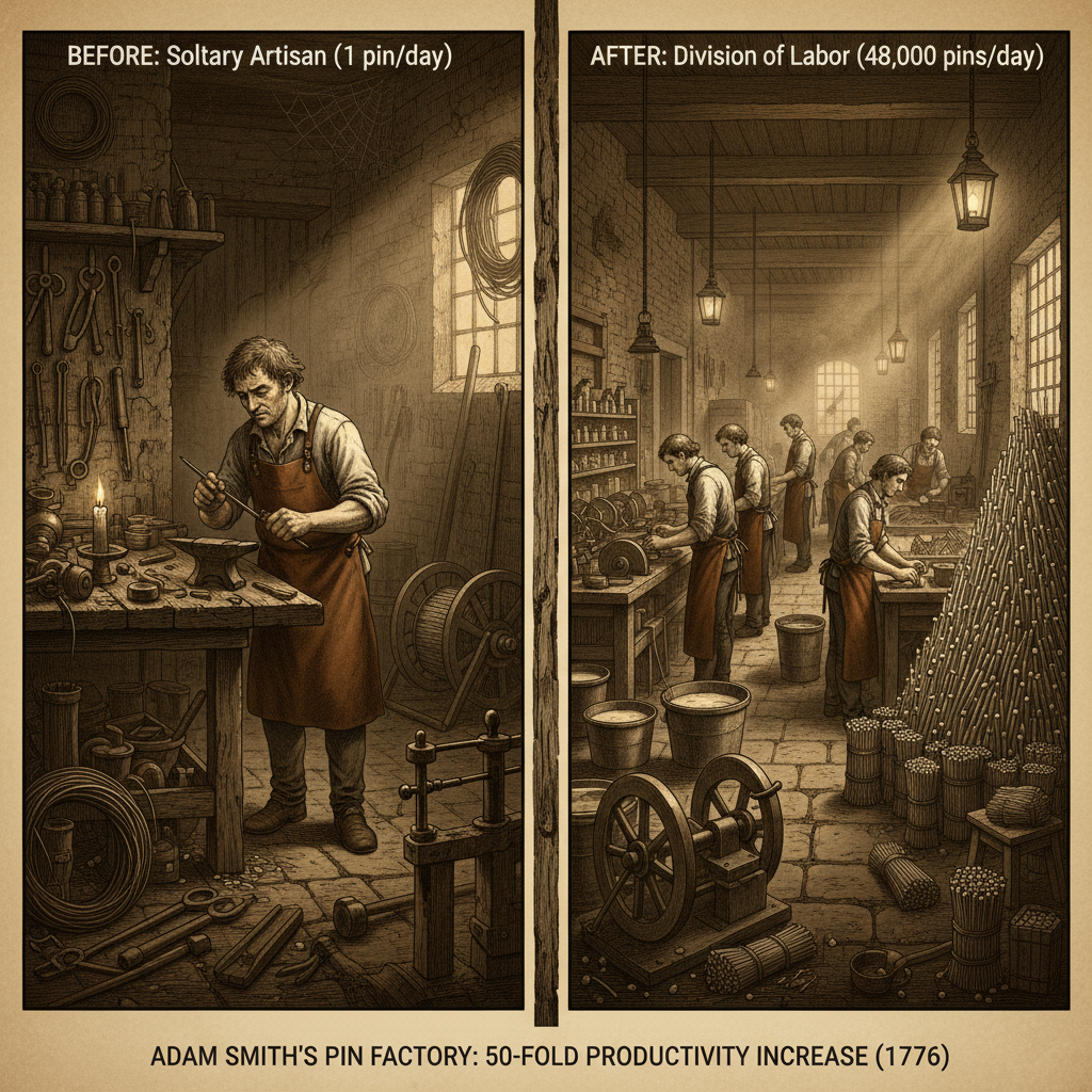 아담 스미스의 핀 공장 분업 체계를 비교하는 인포그래픽