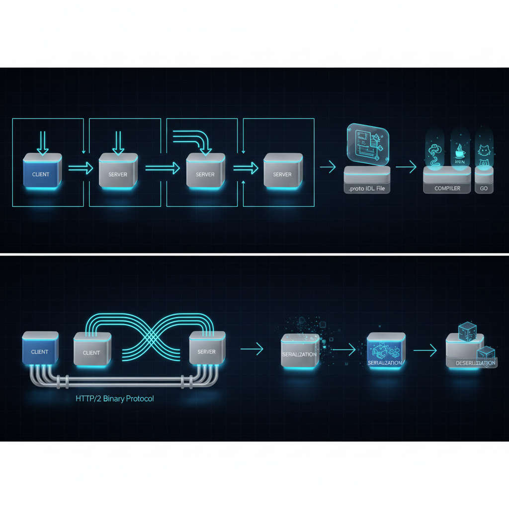 gRPC 스트리밍 패턴 이미지: 네 가지 통신 패턴과 Protocol Buffers 직렬화 과정