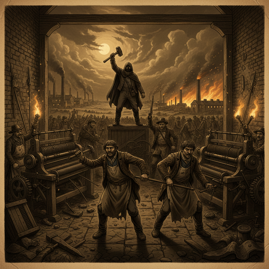 대표 이미지: 러다이트 운동의 상징적 장면으로 네드 러드와 노동자들이 기계를 파괴하는 19세기 영국 산업혁명 배경