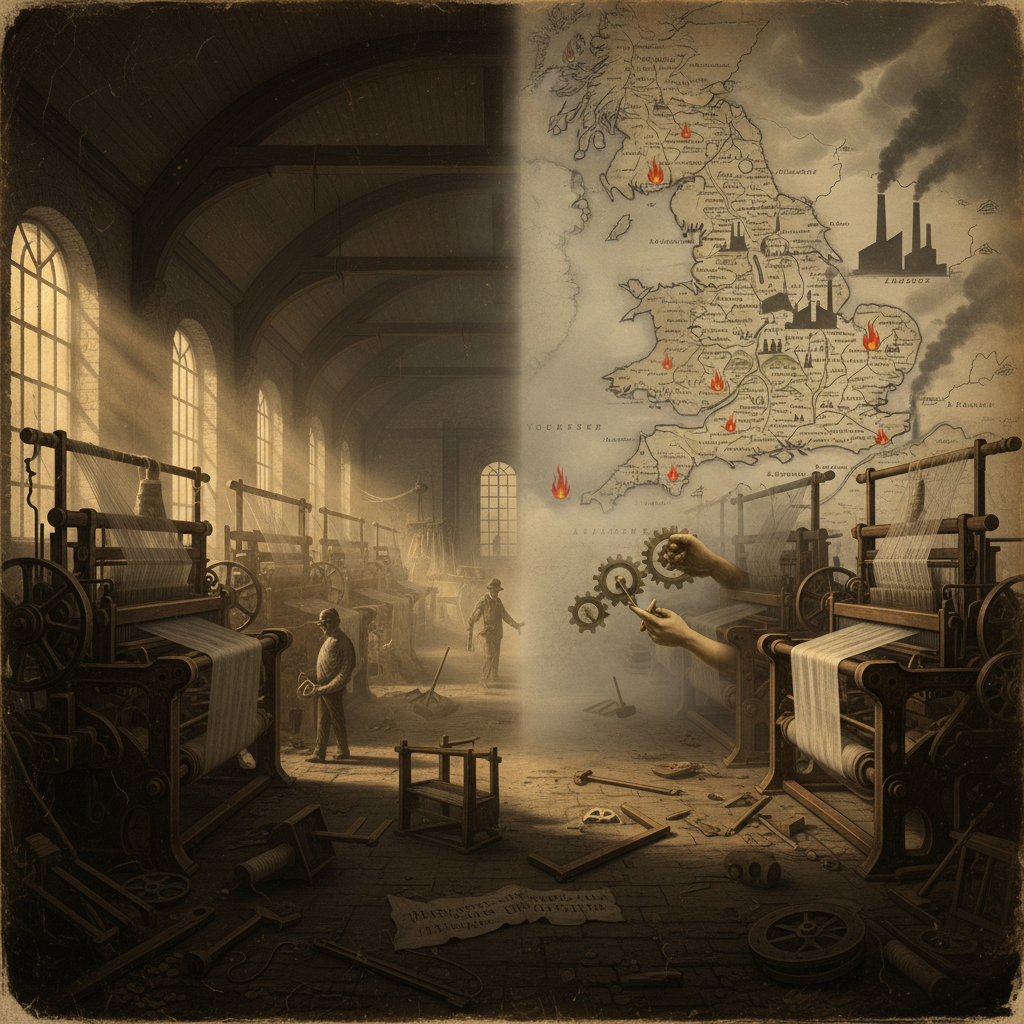 기계화 직조기와 숙련 노동자 기술 비교 이미지