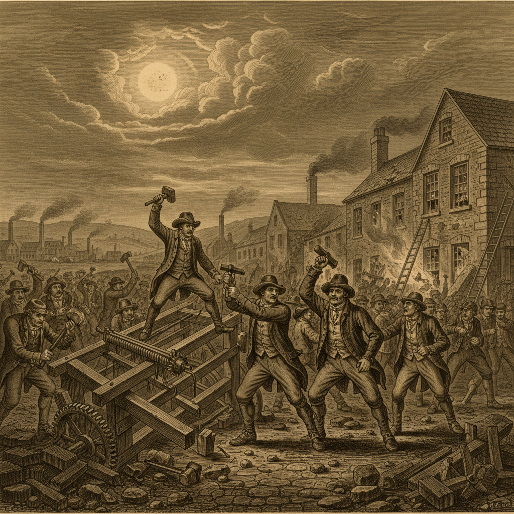 요크셔 크롭퍼 노동자들의 전단기 파괴와 윌리엄 카트라이트 공장 습격 장면