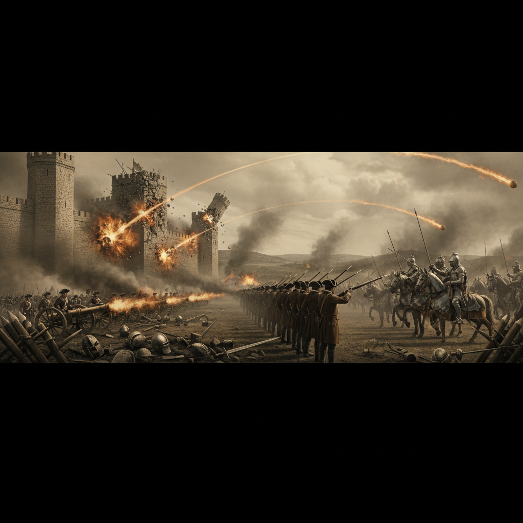 화약 기술의 영향 이미지: 대포로 무너지는 성벽과 머스킷 소총으로 무장한 보병 vs 기사 비교