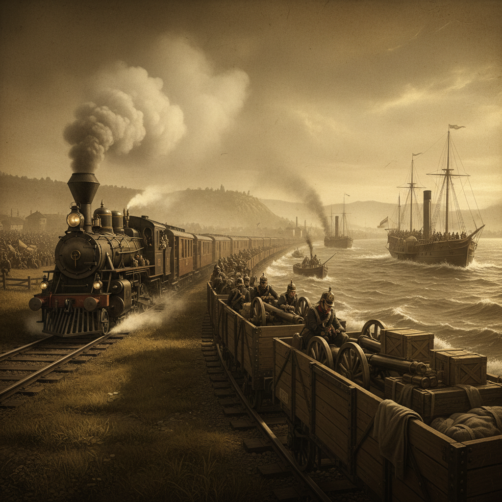 증기기관과 철도 전략 이미지: 철도 수송과 증기선의 병력·물자 이동 및 해양 지배 시각화
