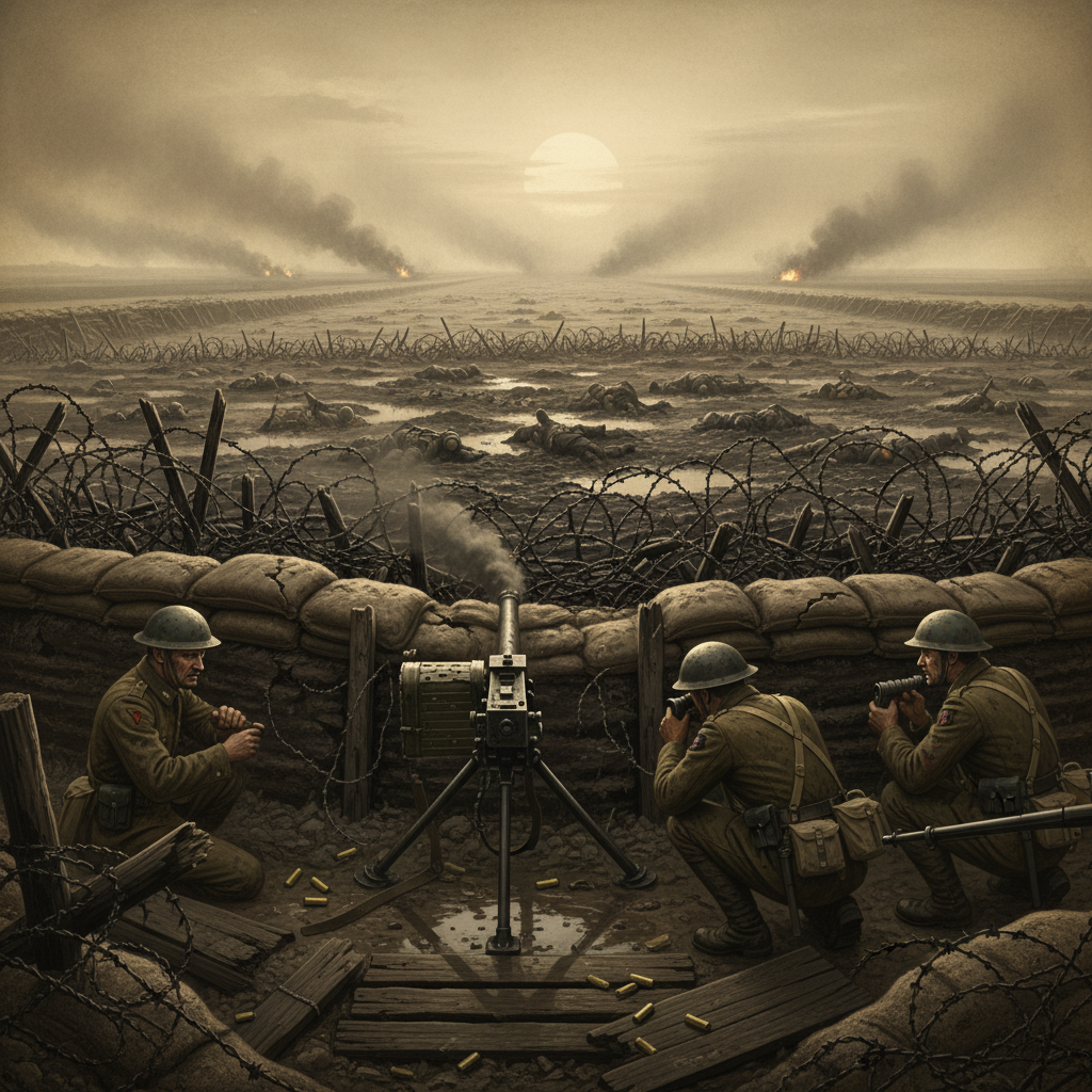 기관총과 참호전 이미지: 기관총 사격과 철조망 속 참호전 소모전 장면