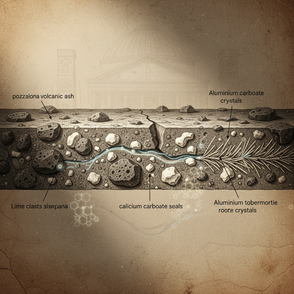 로마 콘크리트의 화학 구조와 자가 치유 메커니즘을 보여주는 단면 다이어그램