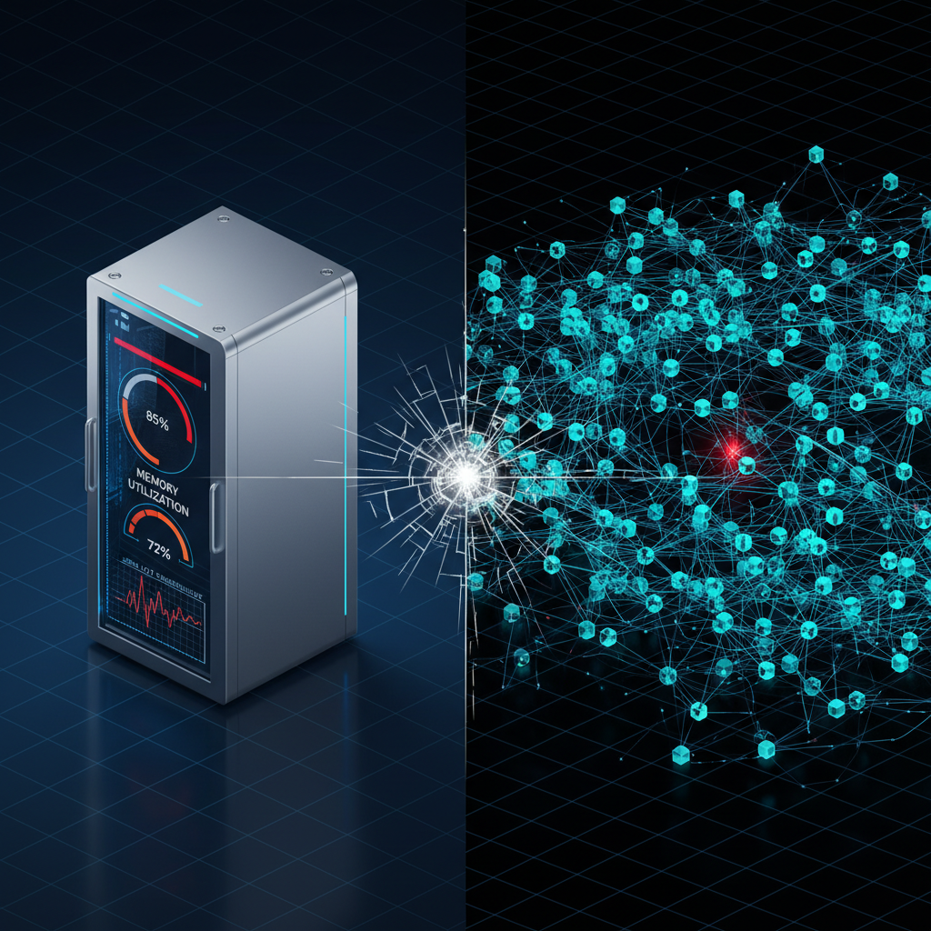 모니터링의 한계 시각화: 전통적 모니터링 지표(CPU, 메모리, 디스크 I/O)와 분산 시스템의 복잡성 비교