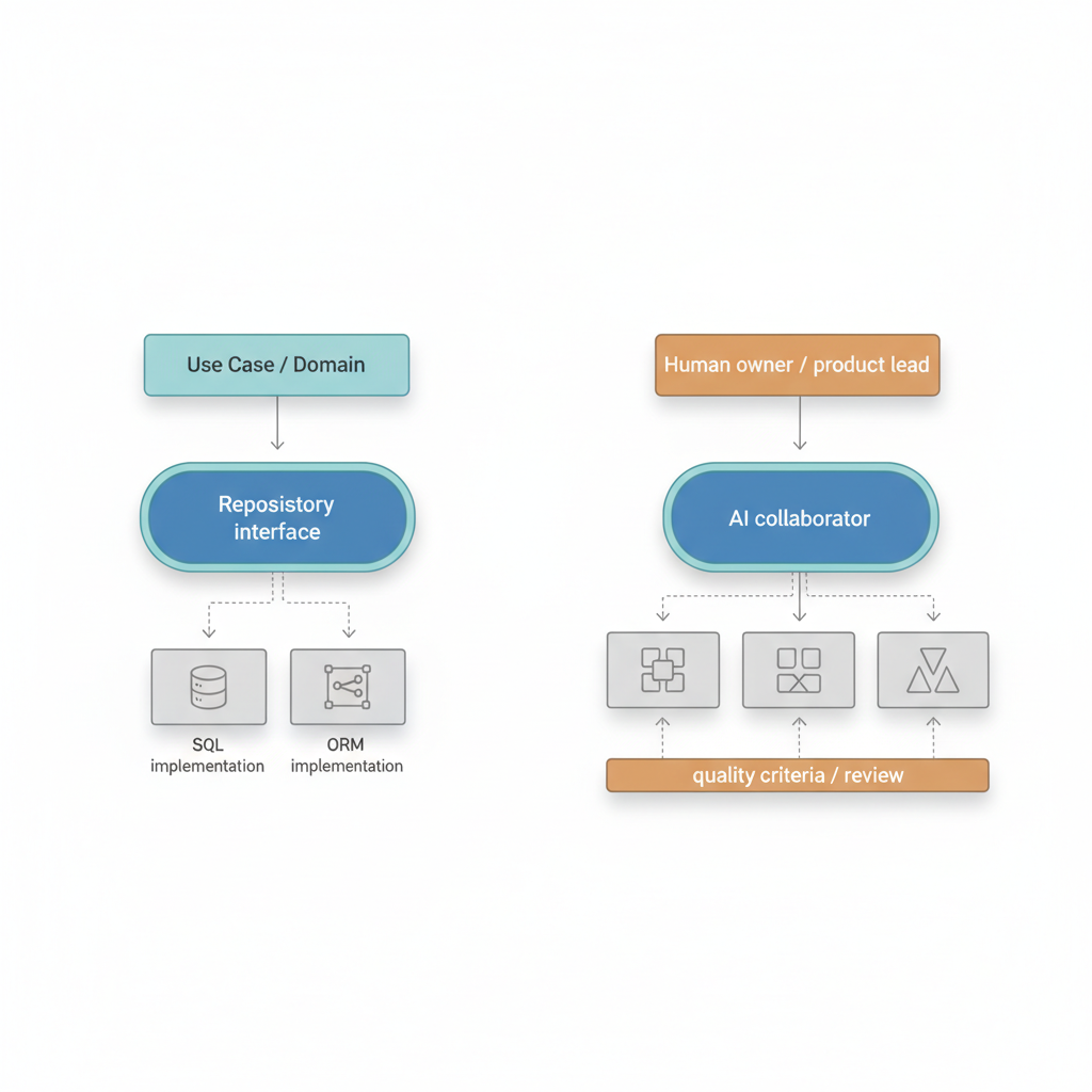 개념·아키텍처 설명을 시각화: Clean Architecture에서 Repository 인터페이스와 구현체 위임 구조를 도식화하고, AI와의 협업 구조를 함께 보여주는 이미지