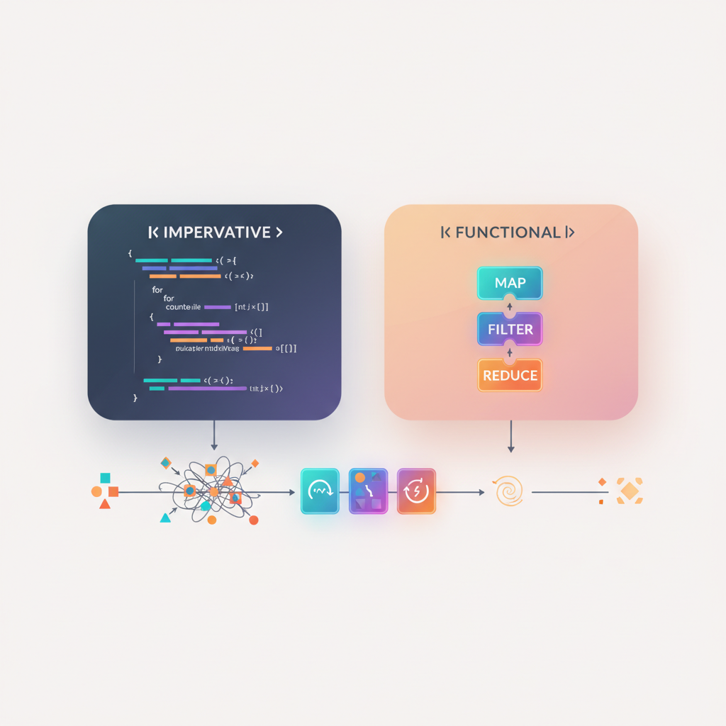 명령형 for-loop 코드와 함수형 스타일(map, filter, reduce)을 나란히 배치하고, 고차 함수에 의한 데이터 변환 파이프라인을 단계별로 시각화한 비교 이미지