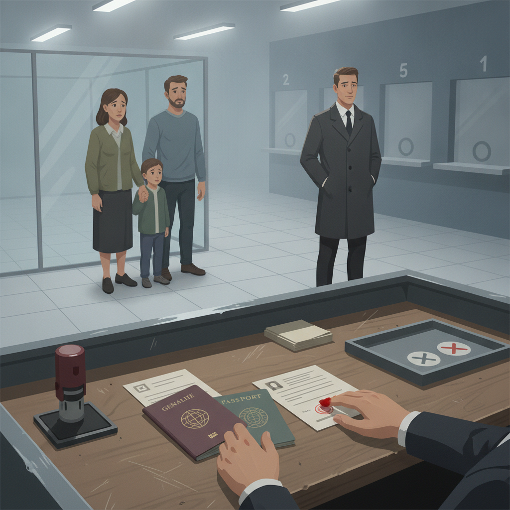 핵심 개념 이미지: 『Papers, Please』의 입국 심사관 책상과 위조 여권, 도장, 난민 통과 여부를 둘러싼 딜레마를 보여주는 장면