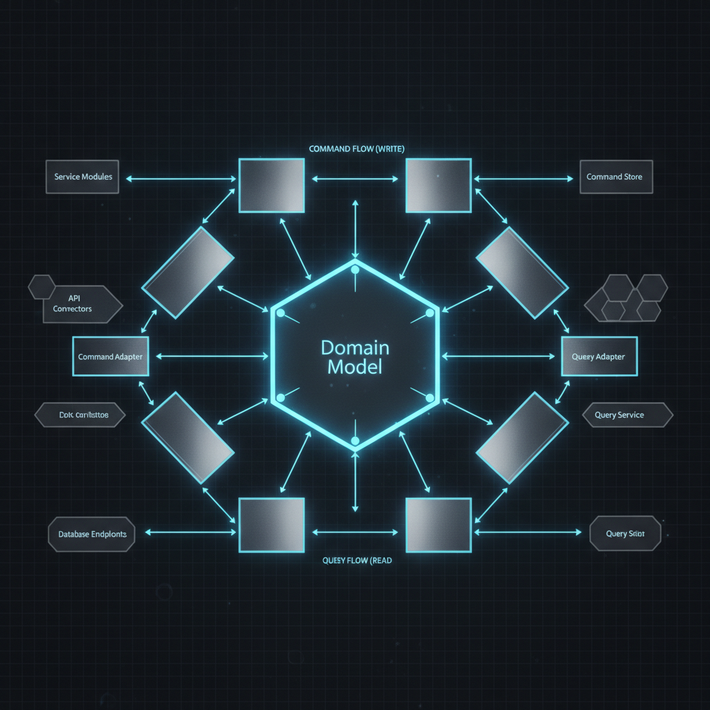 Hexagonal Architecture, Ports and Adapters, CQRS의 의존성 분리와 command/query 분리를 함께 보여주는 개념도