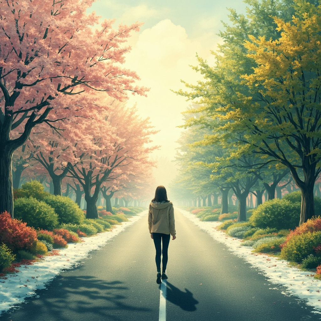 직선으로 뻗은 길과 순환하는 계절이 겹쳐진 시간의 이중성을 표현한 풍경