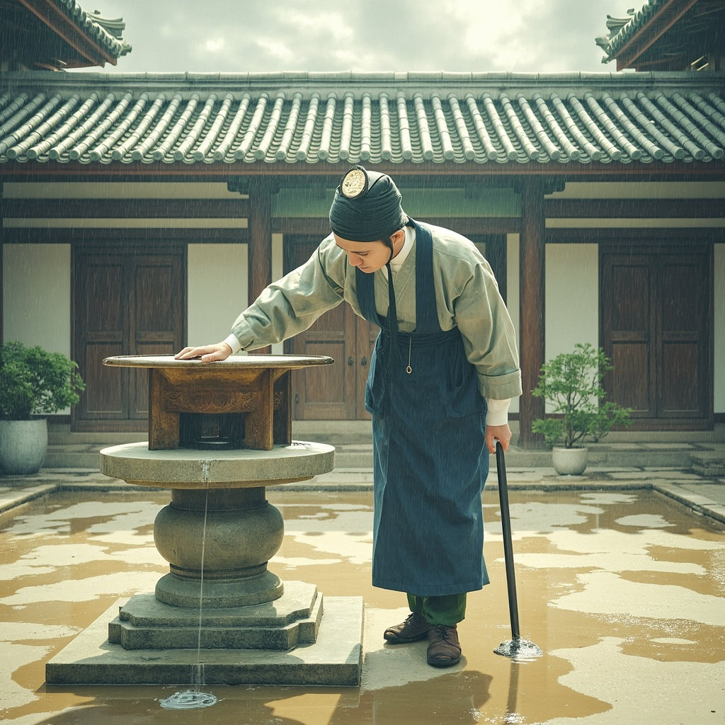지방 관아 마당에서 측우기에 고인 빗물을 살펴보는 관리